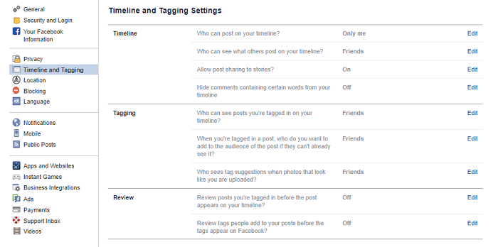 Facebook Timeline and Tagging Settings